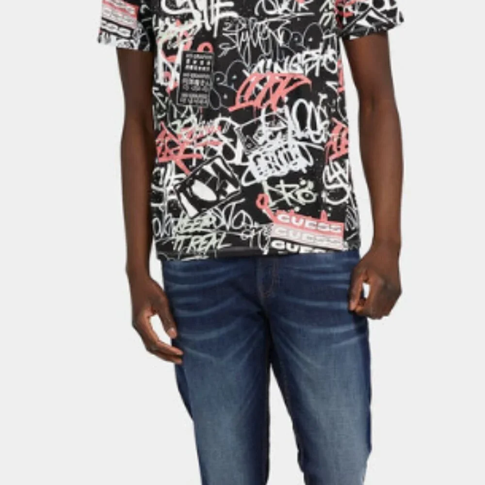 New T-shirt GUESS ECO Black color with stripes slim fit.